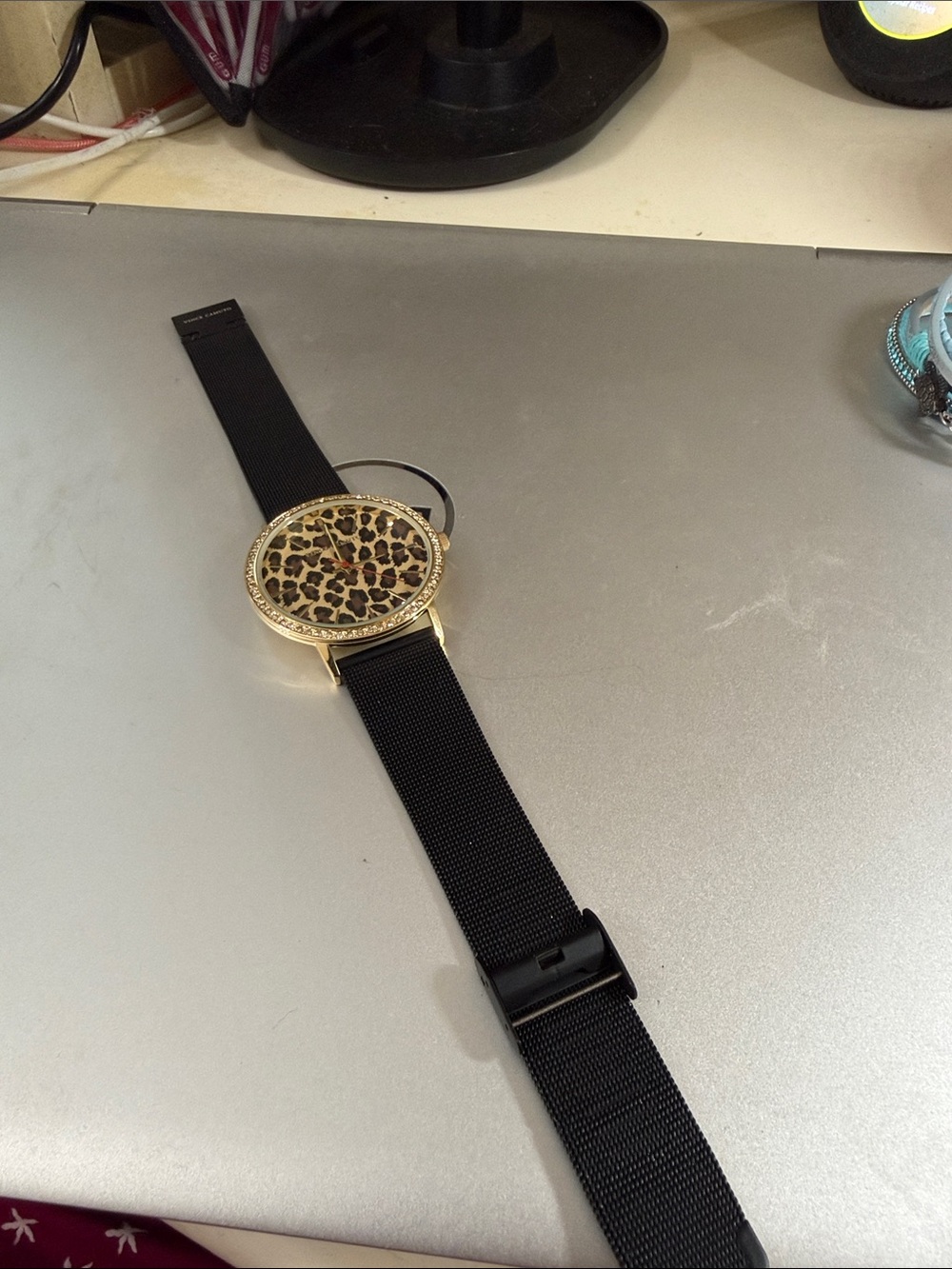 Vince Camuto animal print black mesh watch